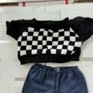 Black and White Checkered Knit Top & denim shorts fits 38 cm Pop marts Labubu